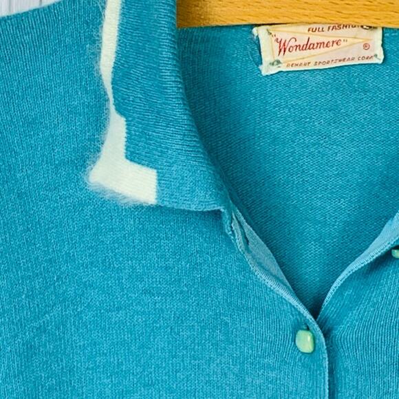 Wondameres Vintage Teal Wool Cardigan Short Sleeve Mid Century Sweater Size L - Picture 3 of 7